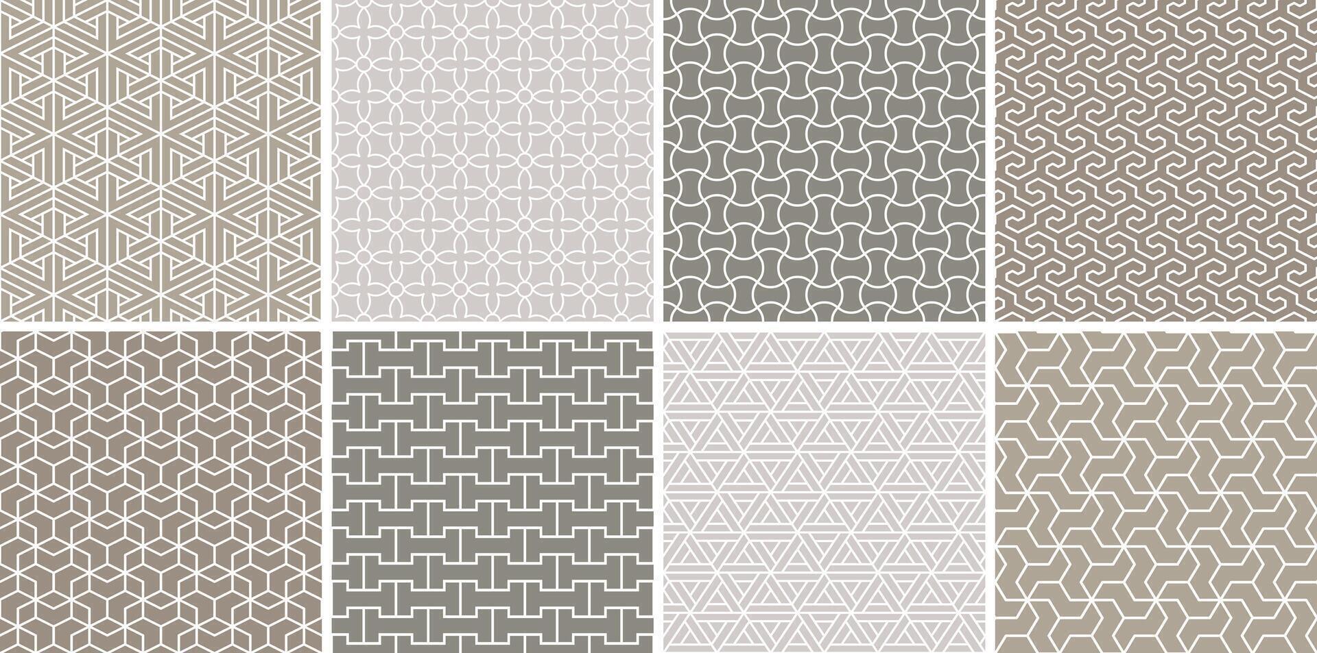 Collection of beige seamless ornamental patterns. Oriental symmetry neutral backgrounds. Geometric tile mosaic design. Grid textures - decorative outline prints vector