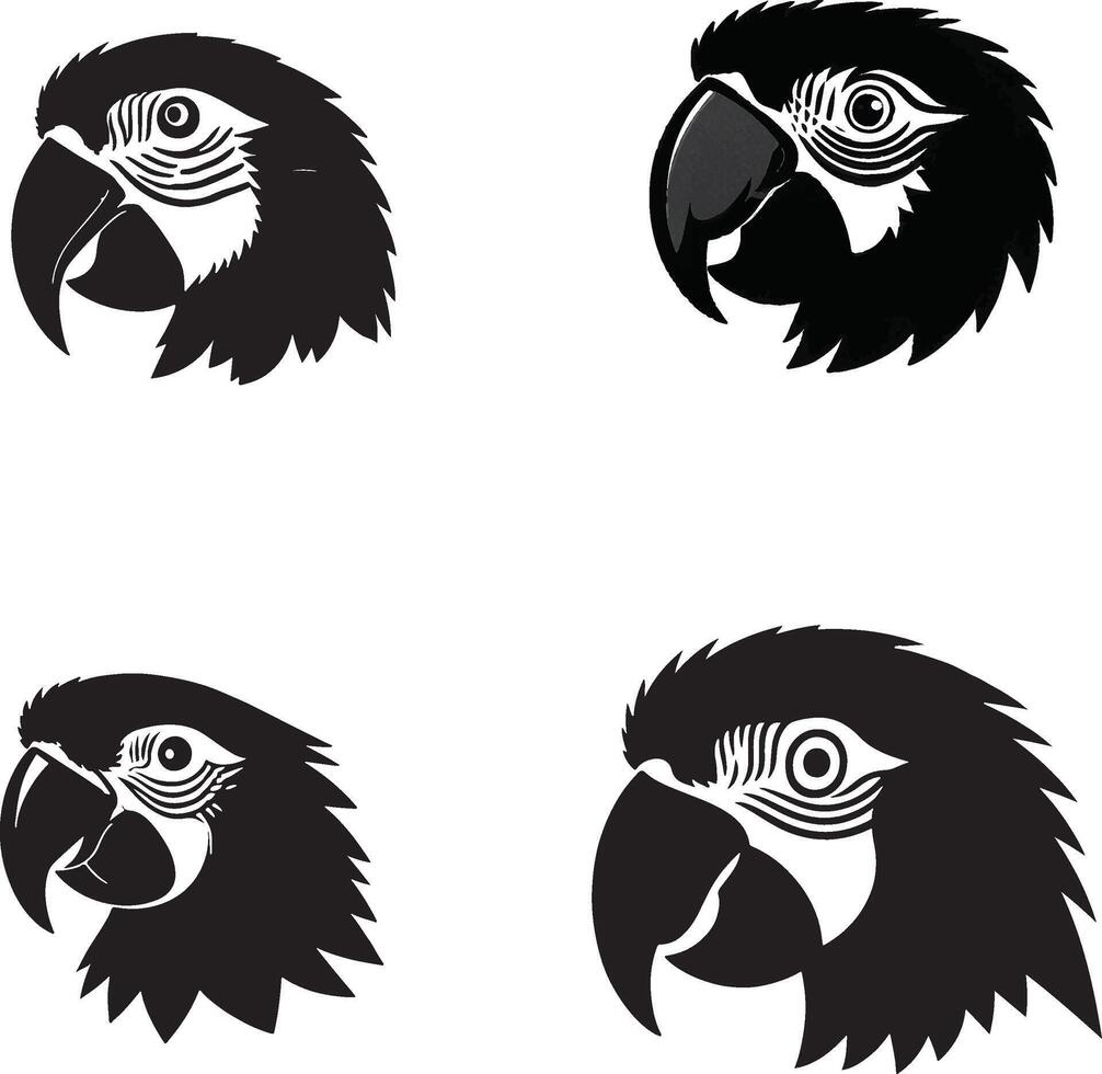Black and white illustration of parrot heads, macaw and cockatoo stylized portraits, clean silhouette, minimal tribal style, bold contrast, flat design, detailed feathers and beak art. vector