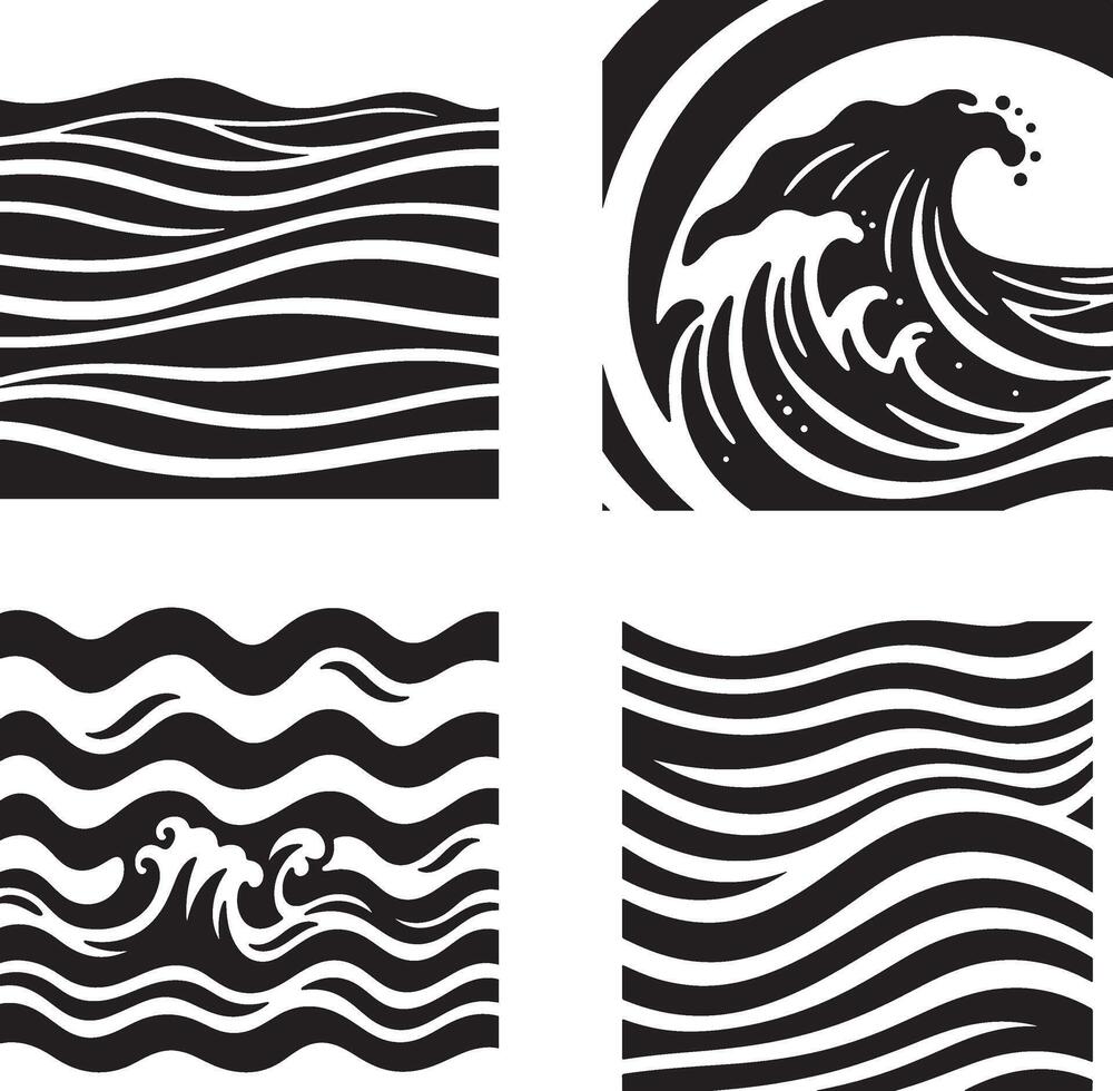 A detailed collection of four artistic ocean wave illustrations, each uniquely styled with dynamic curves and foamy crests. The artwork includes stylized waves set. vector