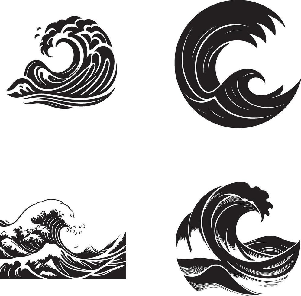 A very detailed collection of four artistic ocean wave illustrations, each uniquely styled with dynamic curves and foamy crests. The artwork includes stylized depictions of crashing waves set vector