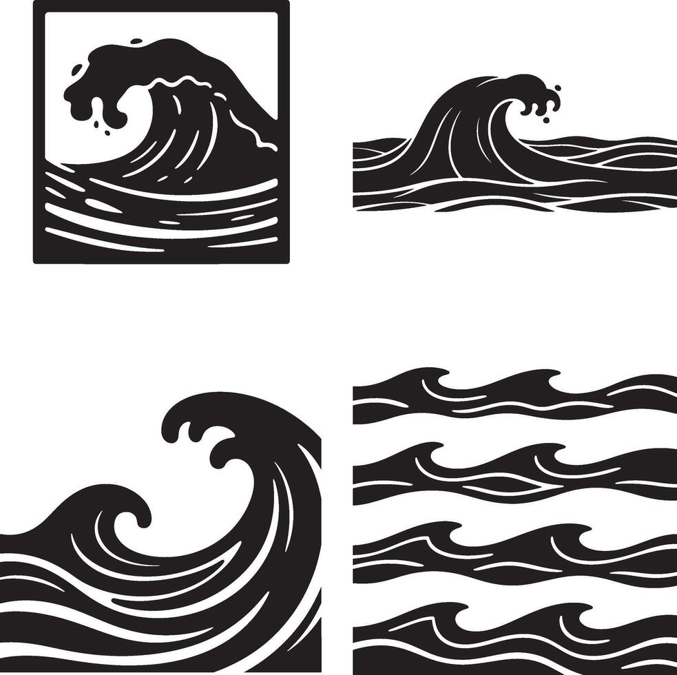A very detailed collection of four artistic ocean wave illustrations, each uniquely styled with dynamic curves and foamy crests. The artwork includes stylized depictions of crashing waves, some set. vector
