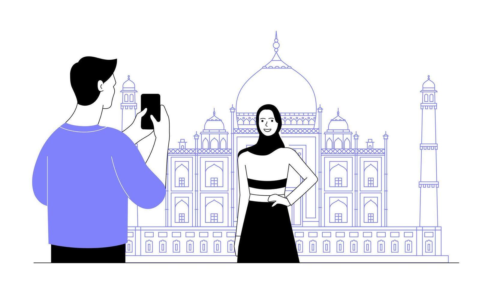 Boy taking photo of girl with taj mahal in background. Linear illustration vector