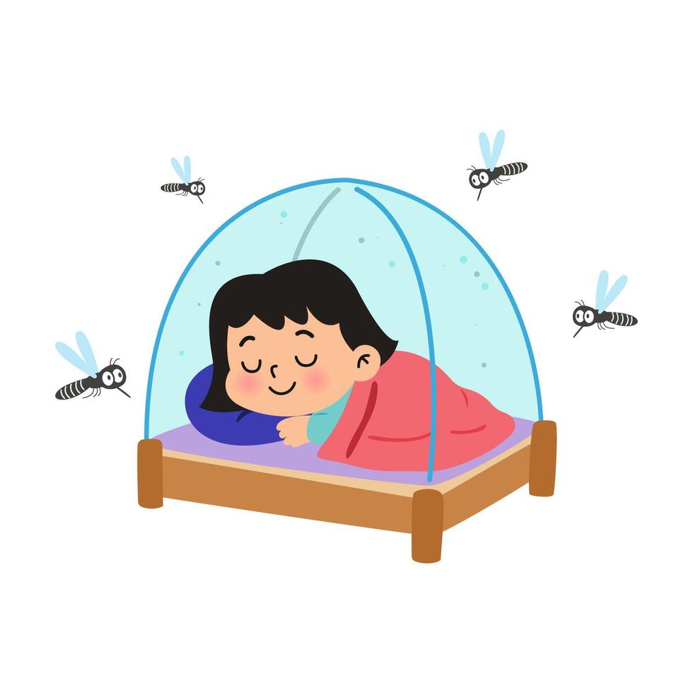 girl in mosquito net. dengue fever concept vector