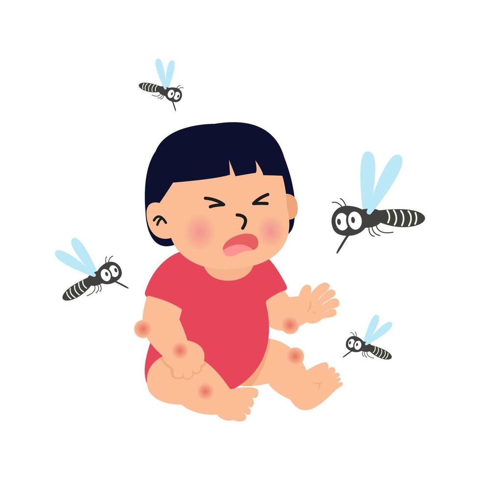 mosquitoes bite girl baby. dengue fever and zika infection concept. vector