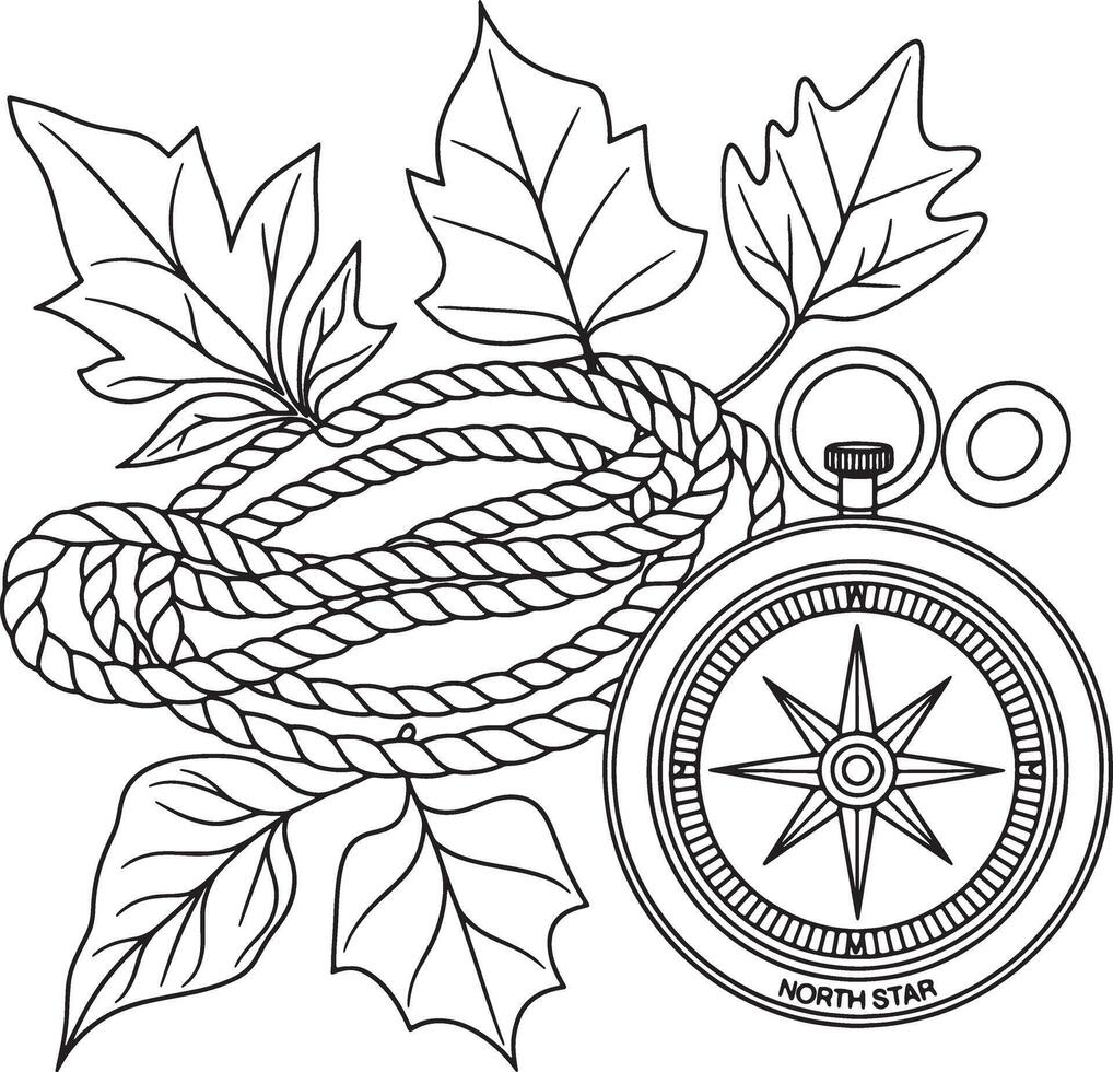 Anchor rope autumn leaf and Vintage Compass line art design background vector