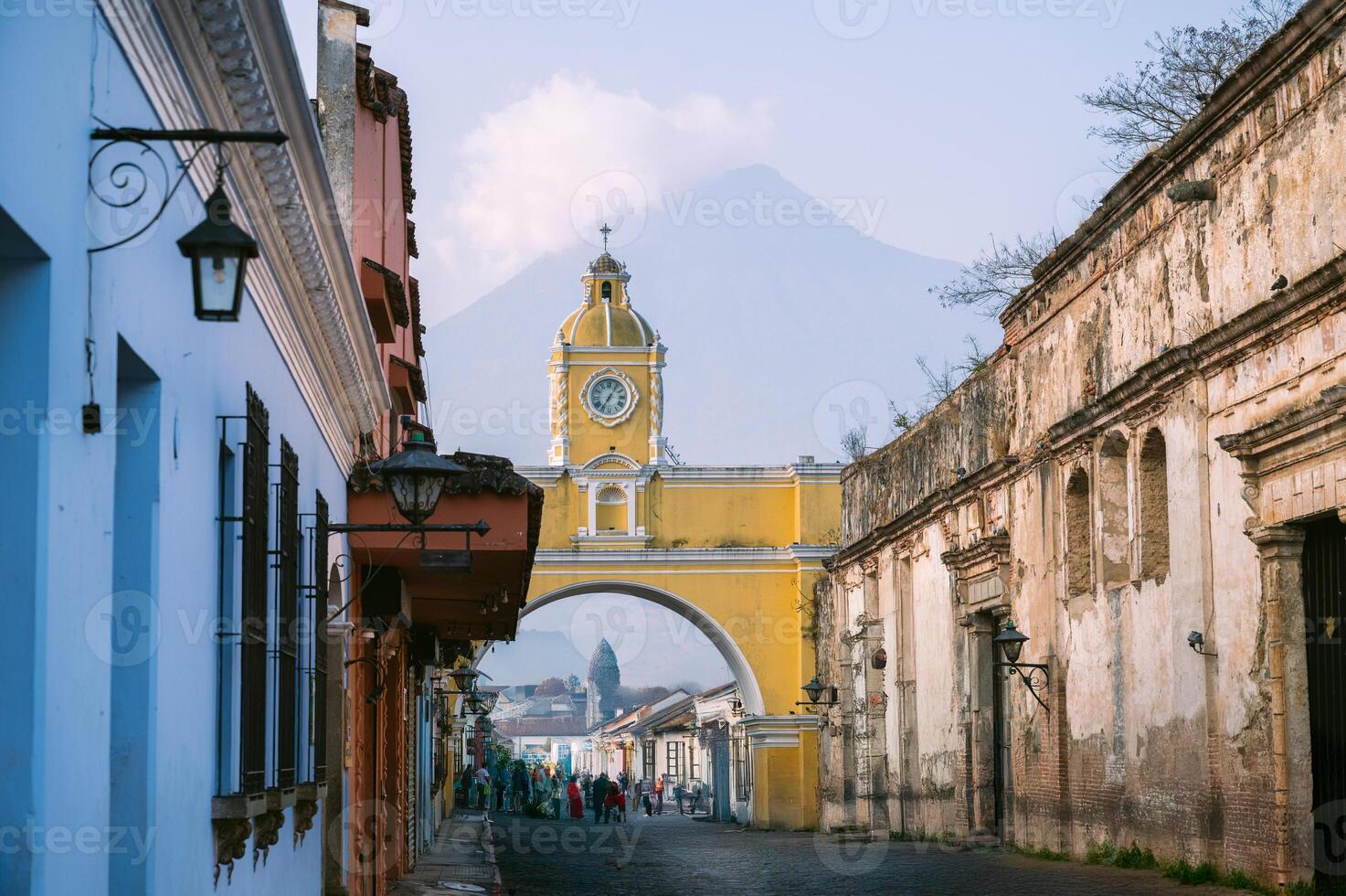 Antigua Guatemala sunrise with Santa Catalina Arch and volcano photo
