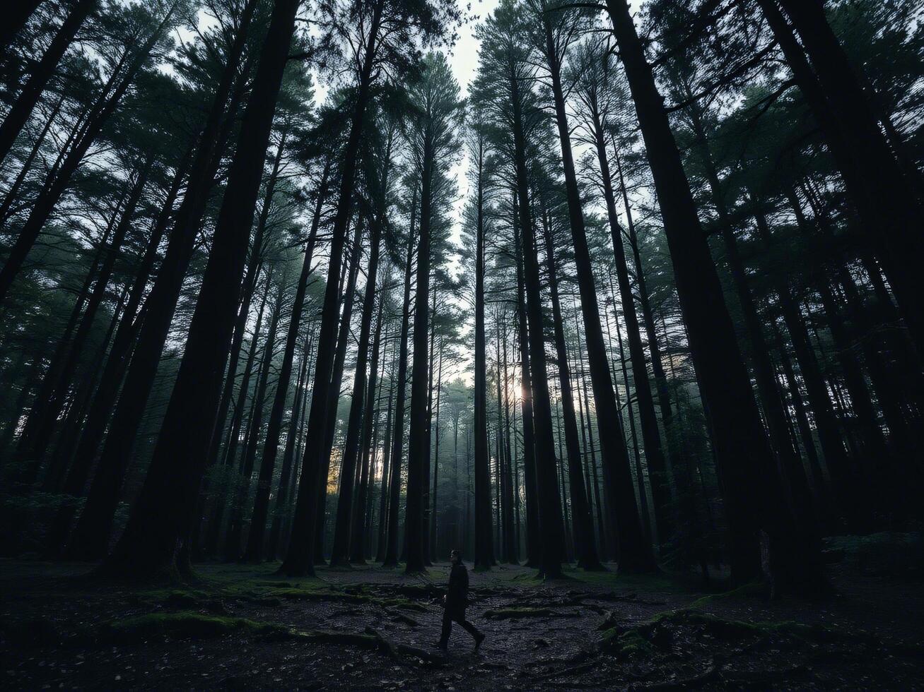 A person walking through a forest at dusk photo