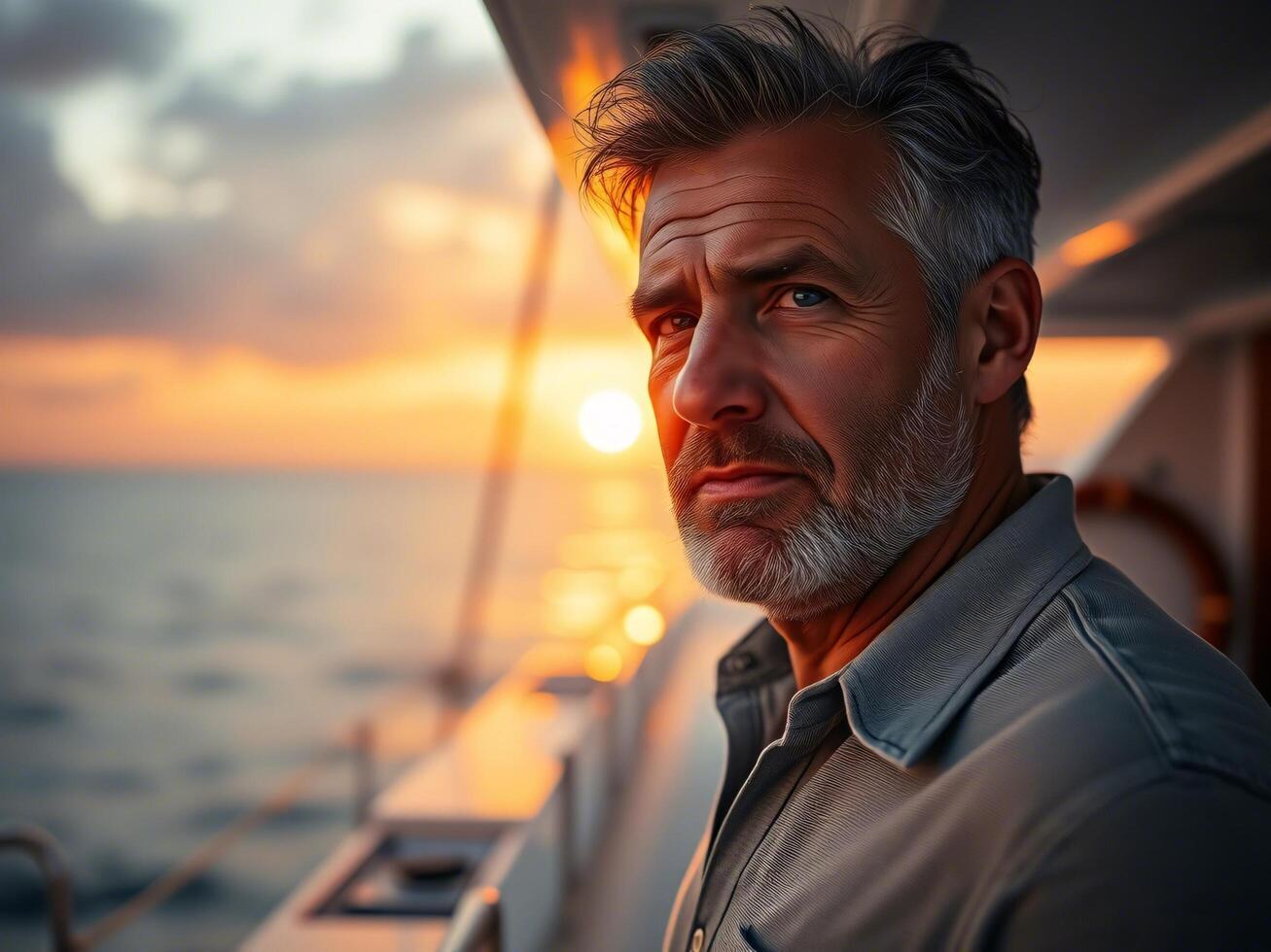 A man is looking off into the distance while on a boat photo