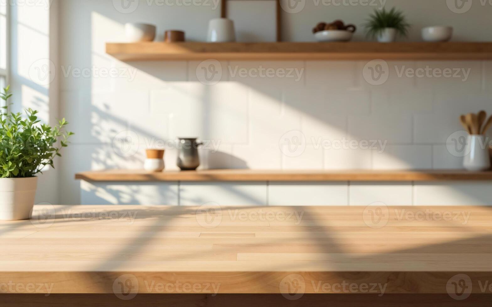 Blank butcher block countertop with blurred clean modern kitchen, Subtle tiles and wooden shelves in background, Ideal for natural product presentation photo