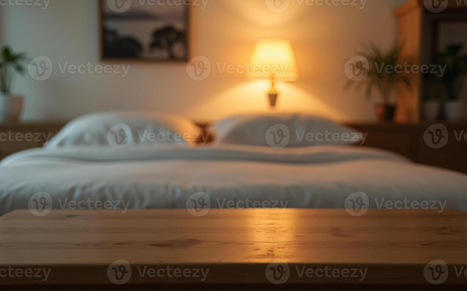 Empty wooden nightstand top with blurred warm light and a cozy bedroom ambiance in the background, Ready for product display photo