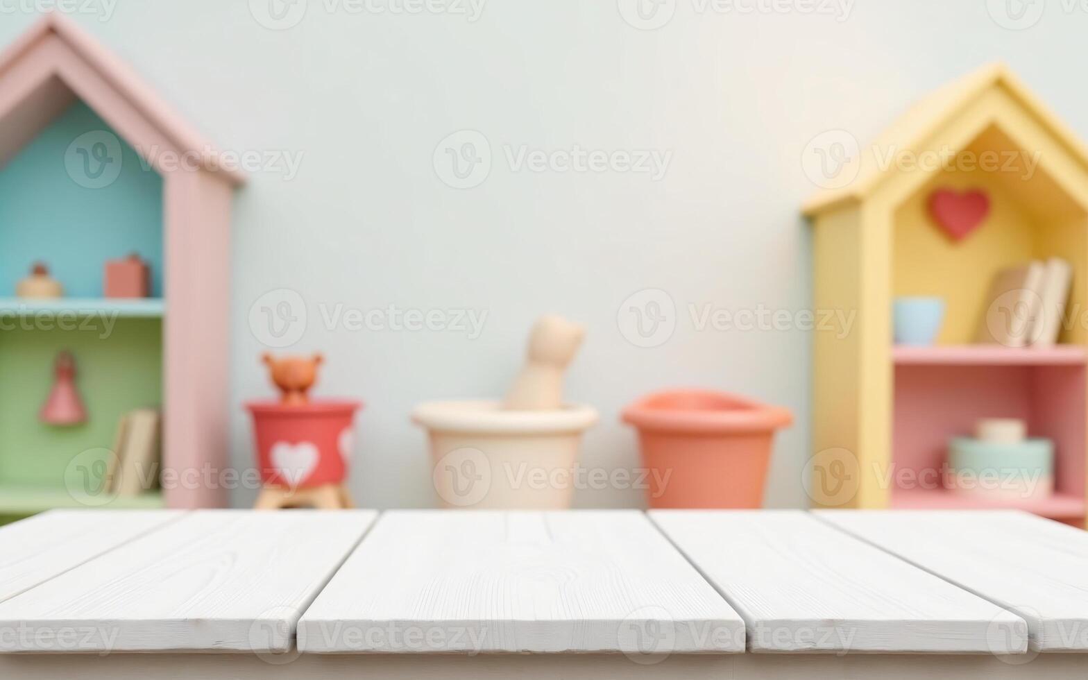 Empty white wooden table in front of a blurred kids playroom background with pastel colors, Perfect for toy or childrens product display photo