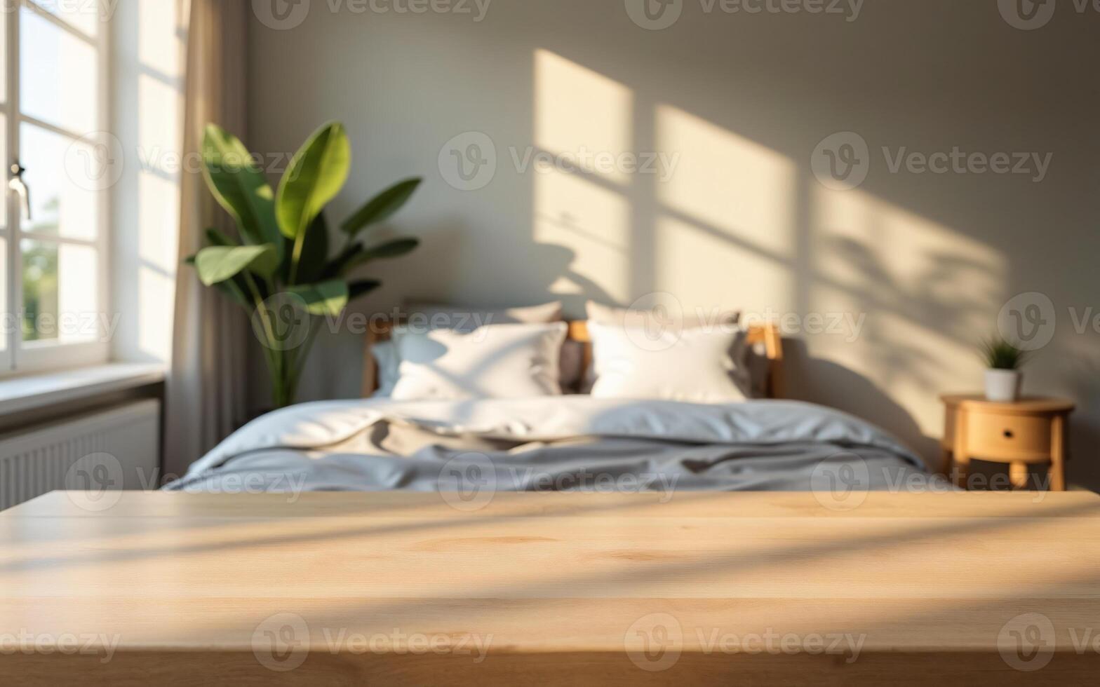 Empty maple wood counter with blurred cozy bedroom, Natural morning light from a window, Perfect for relaxation products photo
