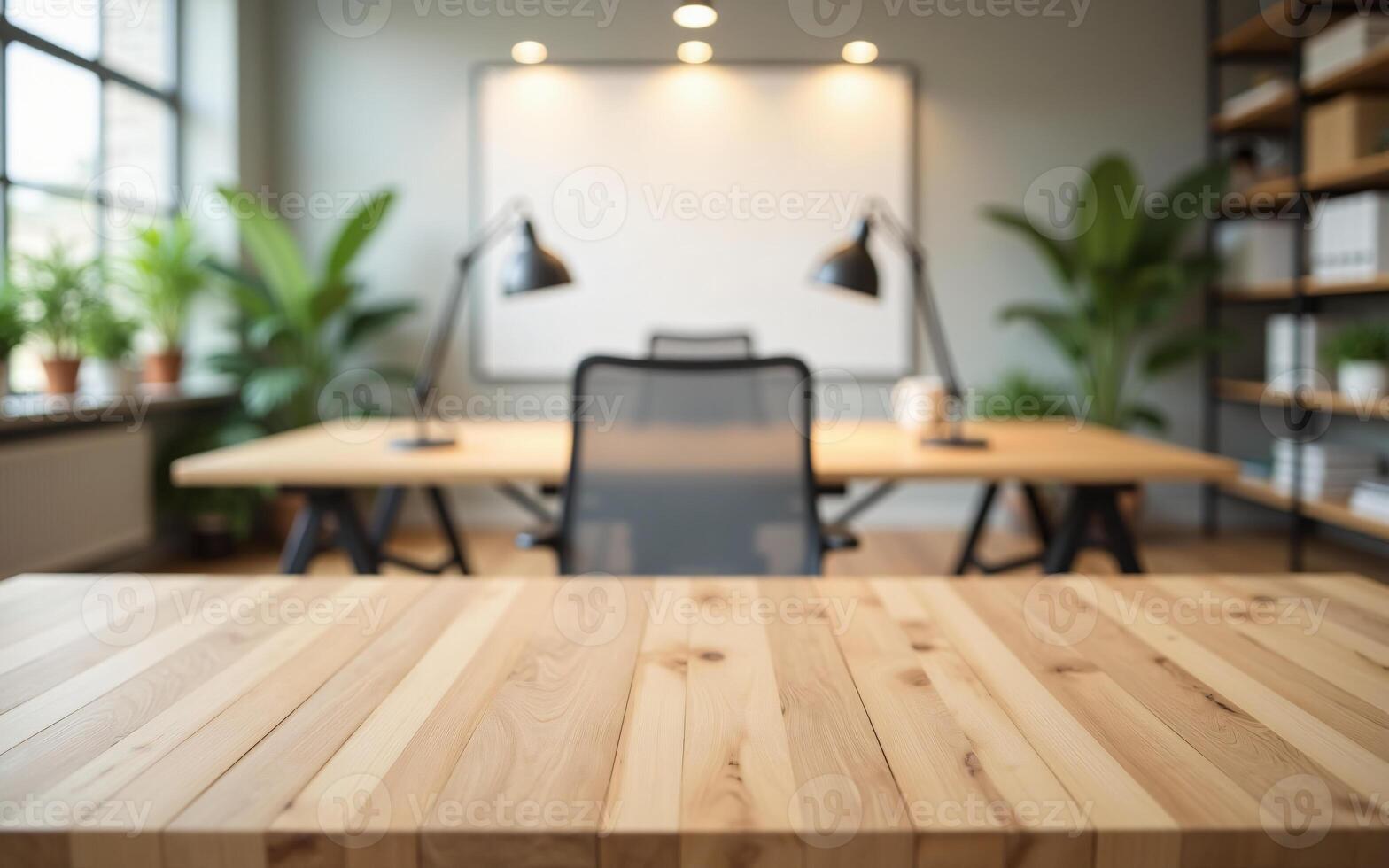 Minimal wooden surface in front of a bright open workspace with plants and books, Ready for creative or tech product showcase photo