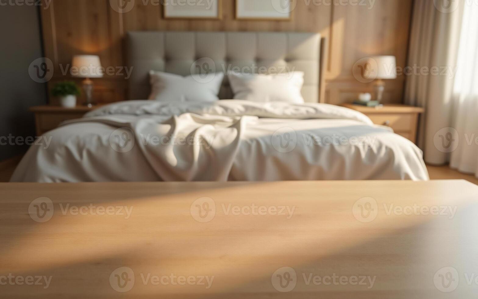 Empty smooth teak surface with a blurred dreamy bedroom scene in the background, Highlighting soft fabrics and warm shadows, Perfect for hotel and resort products display photo