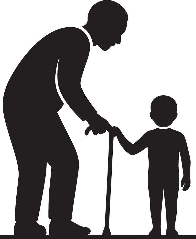Silhouette Illustration Of Grandfather And Grandson Sharing A Cane Supporting Each Other vector