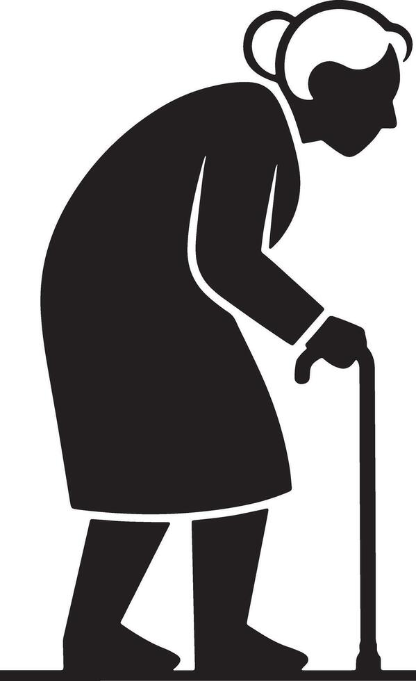 Silhouette Illustration Of Elderly Woman Walking With Cane For Generational Health vector