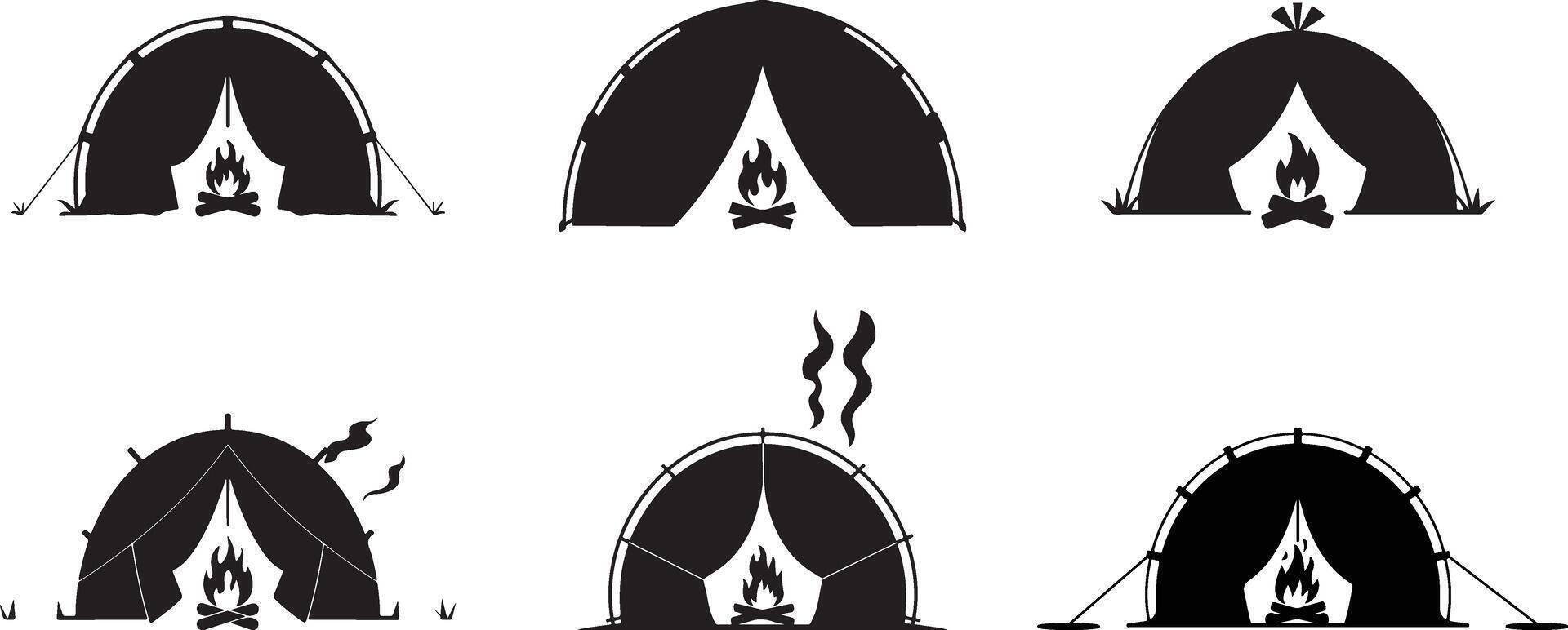A set of silhouettes of tents and fireplaces vector