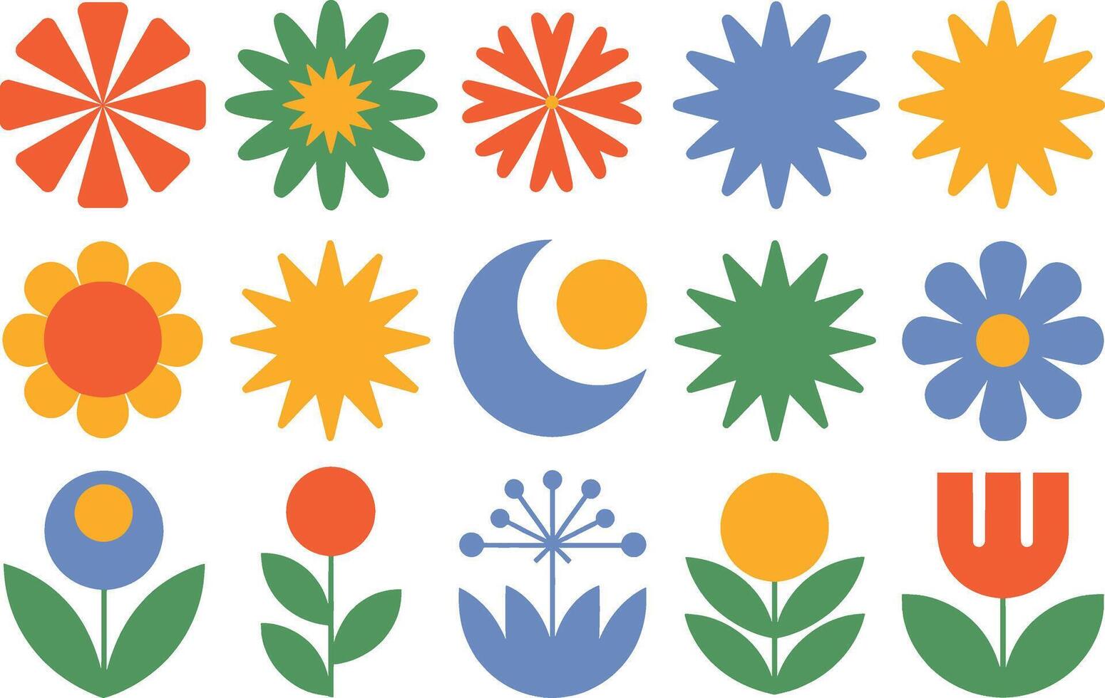 Flat Design Floral Set With Abstract Shapes In Retro Color Palette vector