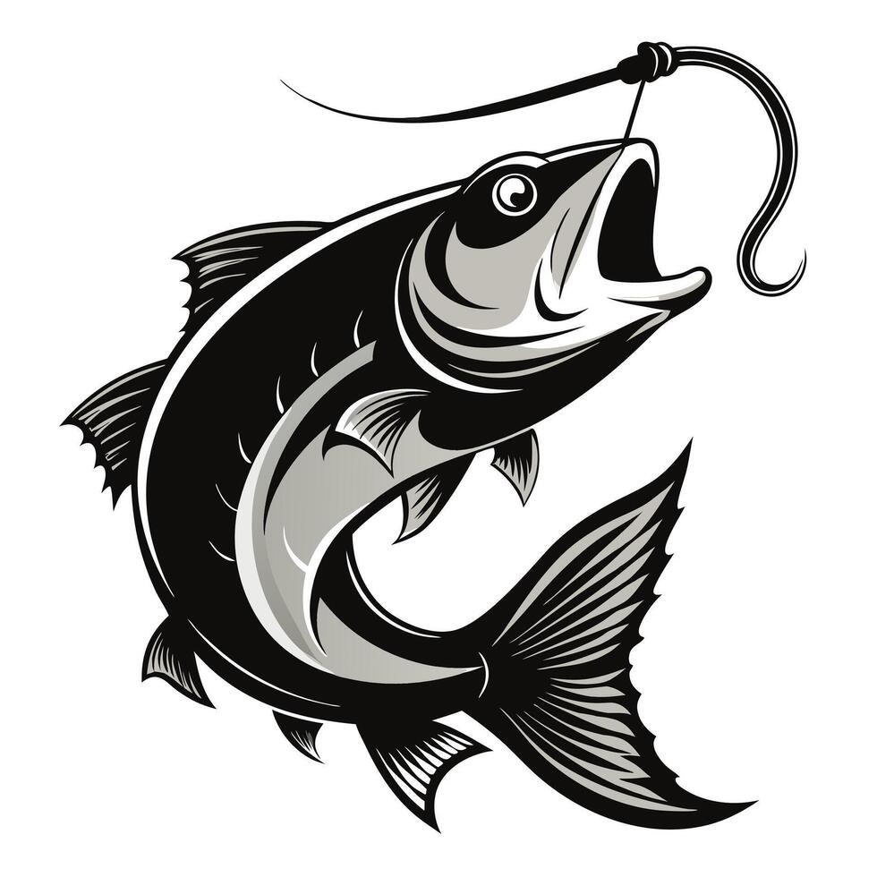 A Striking Monochrome Illustration of a Fish on a Hook vector