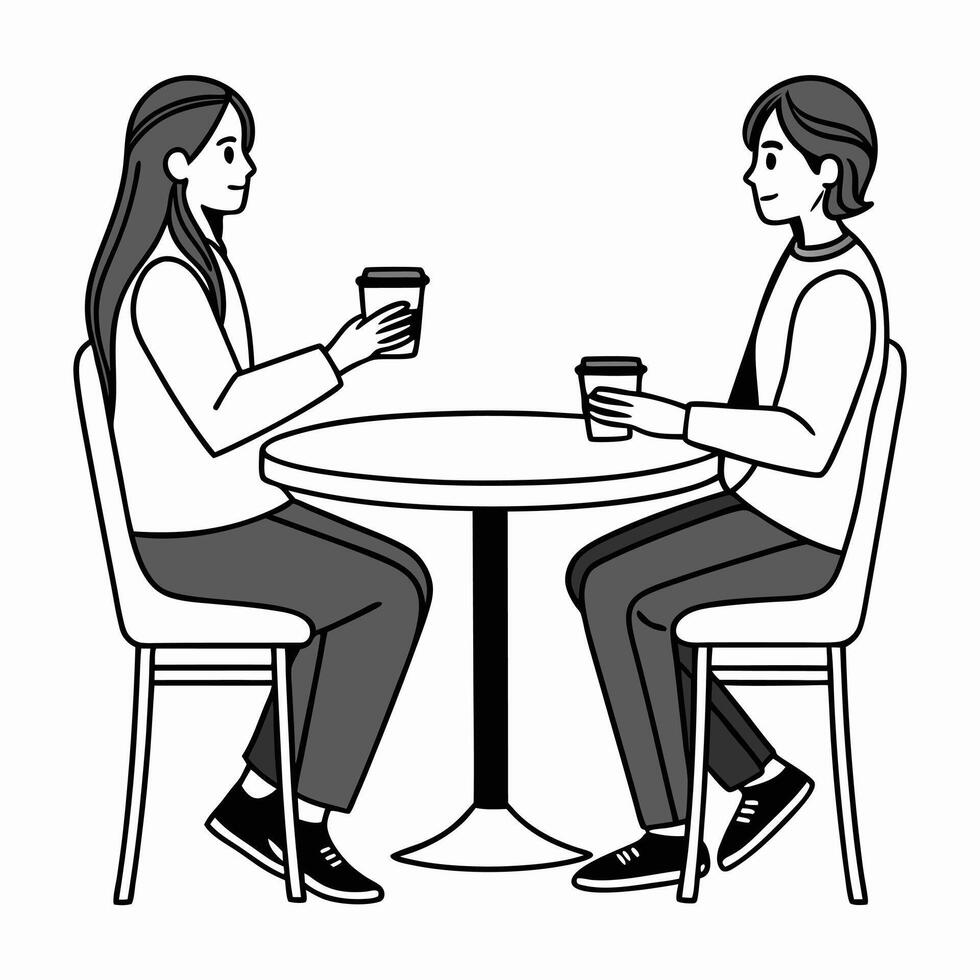 Two Individuals Enjoying Coffee Together at a Small Table vector