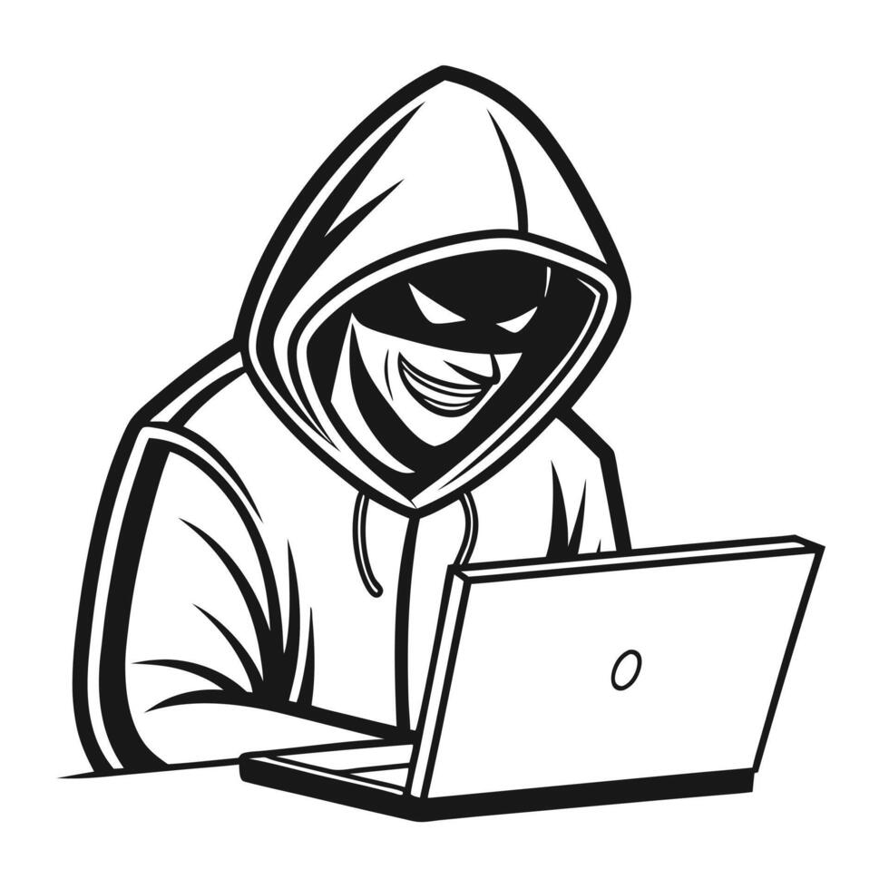 A Hooded Figure Using a Laptop Cybersecurity Illustration vector