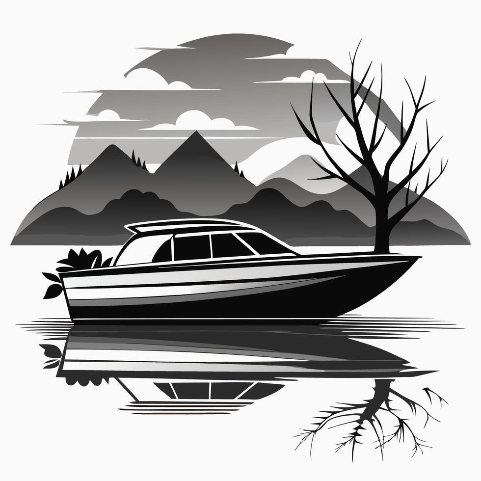 Monochromatic Illustration of a Motorboat Docked by a Mountain Lake vector