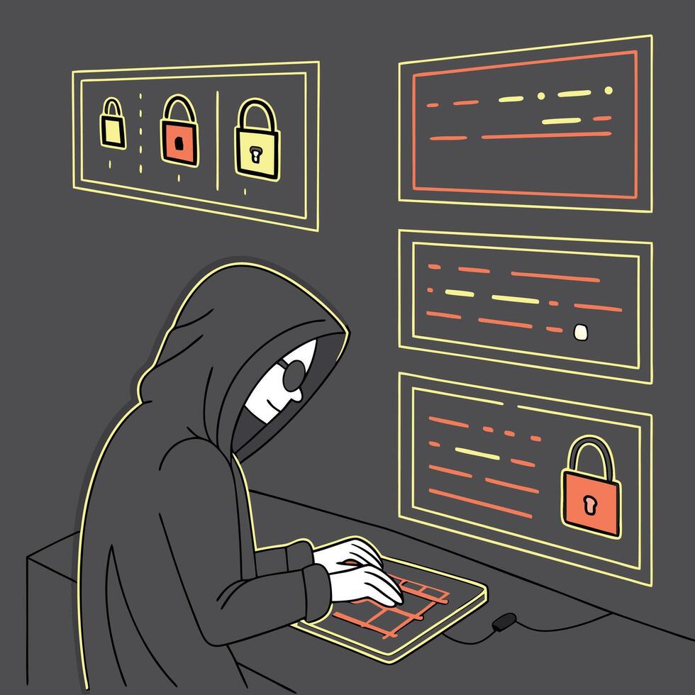 Cybersecurity Hacker Illustration Anonymous Figure Cracking Codes and Bypassing Security Systems vector