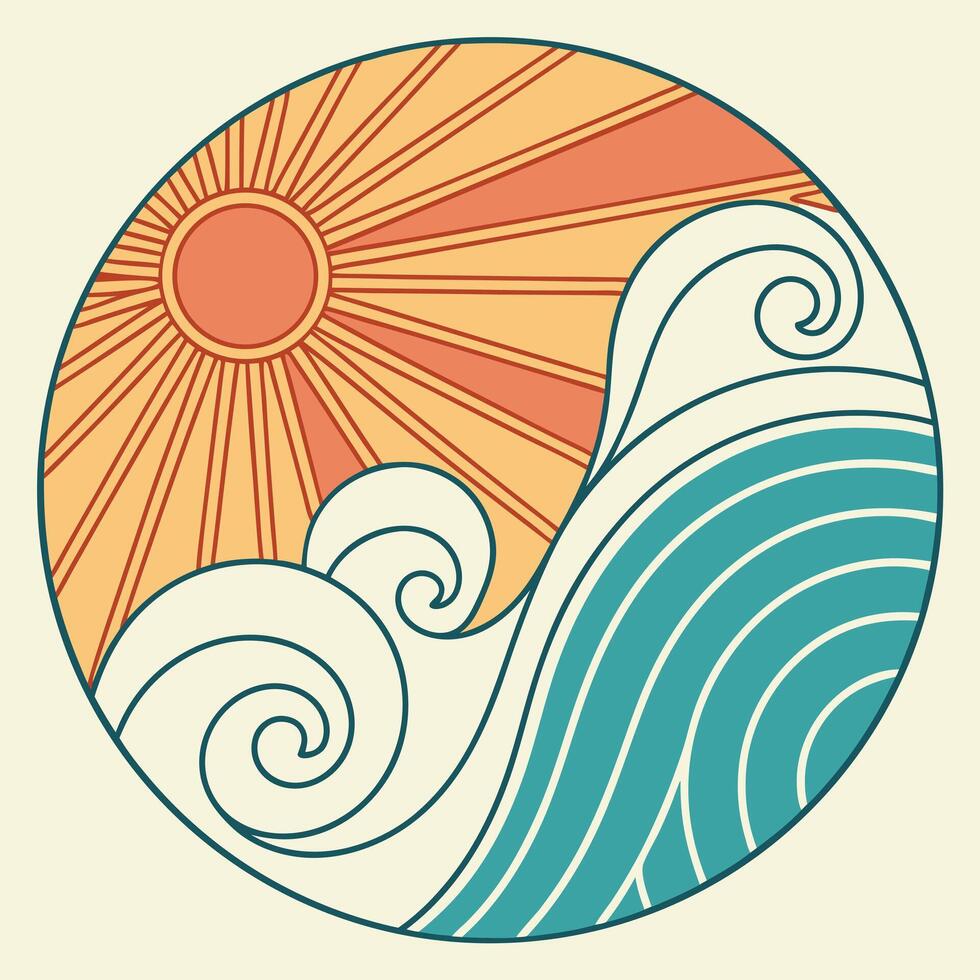 Abstract Circular Design Featuring Sun and Ocean Waves vector