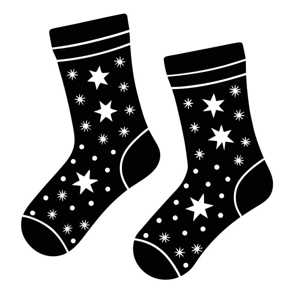 Pair of Black Socks with White Star and Snowflake Pattern vector