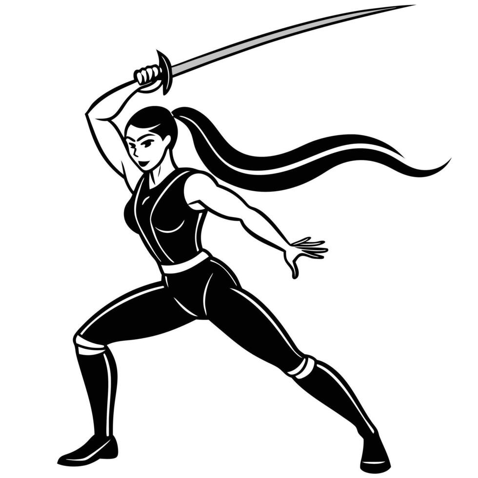 Powerful Female Warrior with Katana Sword in Action Pose vector