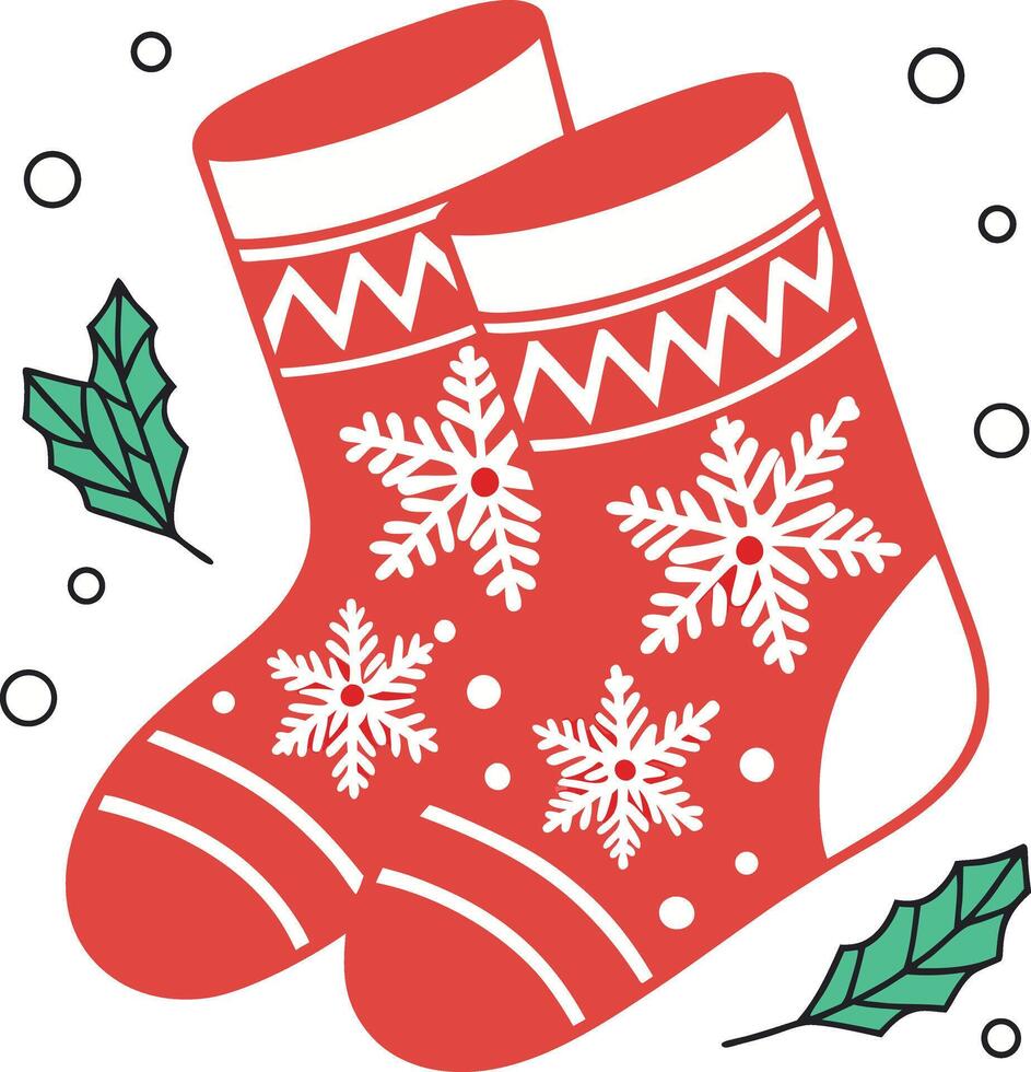 Pair of Red Christmas Stockings with Snowflake and Holly Design vector