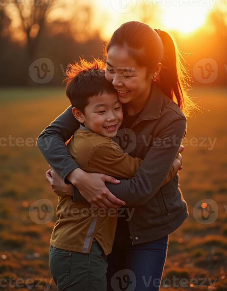 a mother and son embrace in a field at sunset photo