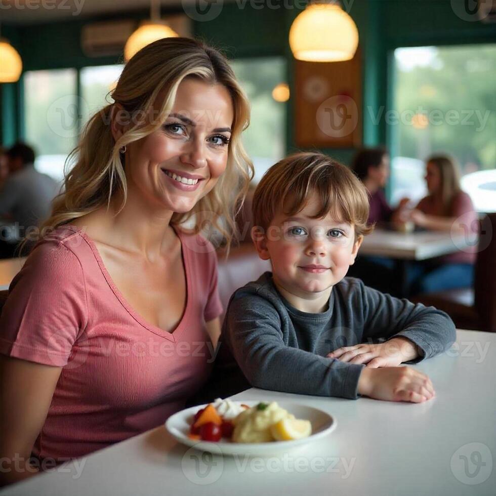 a woman and a child sitting at a table and eating food photo