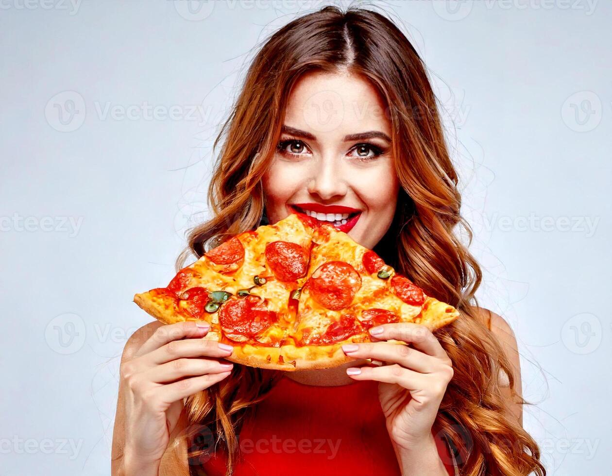 a woman is holding a piece of pizza and eating photo