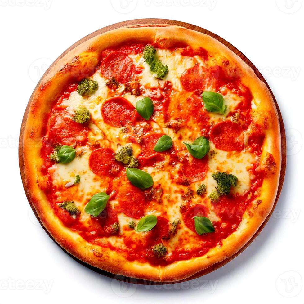 a pizza with pepperoni, cheese and basil leaves photo