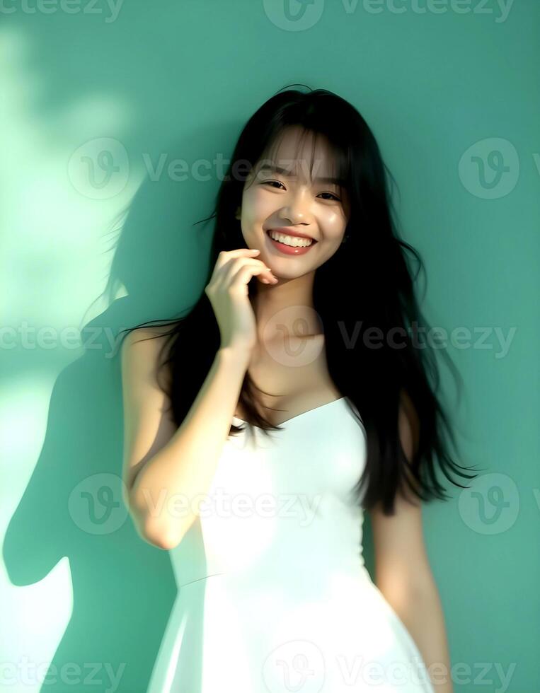 a woman in a white dress smiling and posing photo
