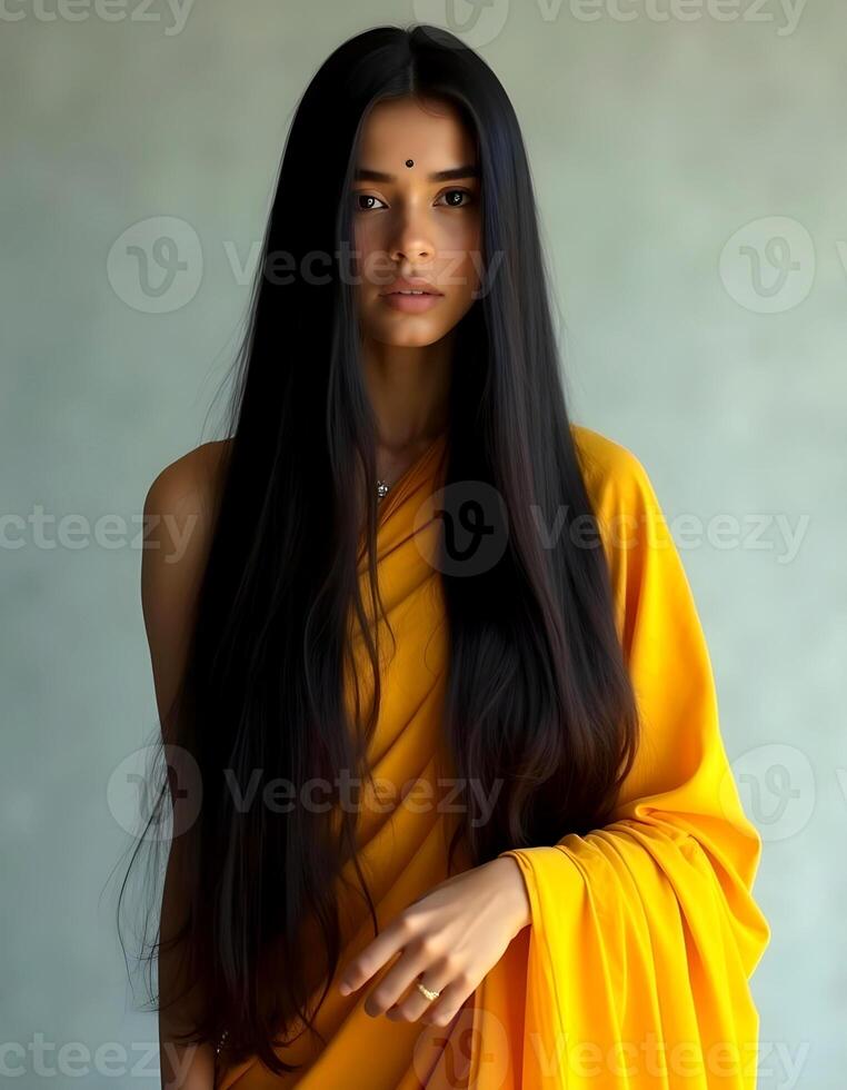 a woman in a yellow sari long hair photo