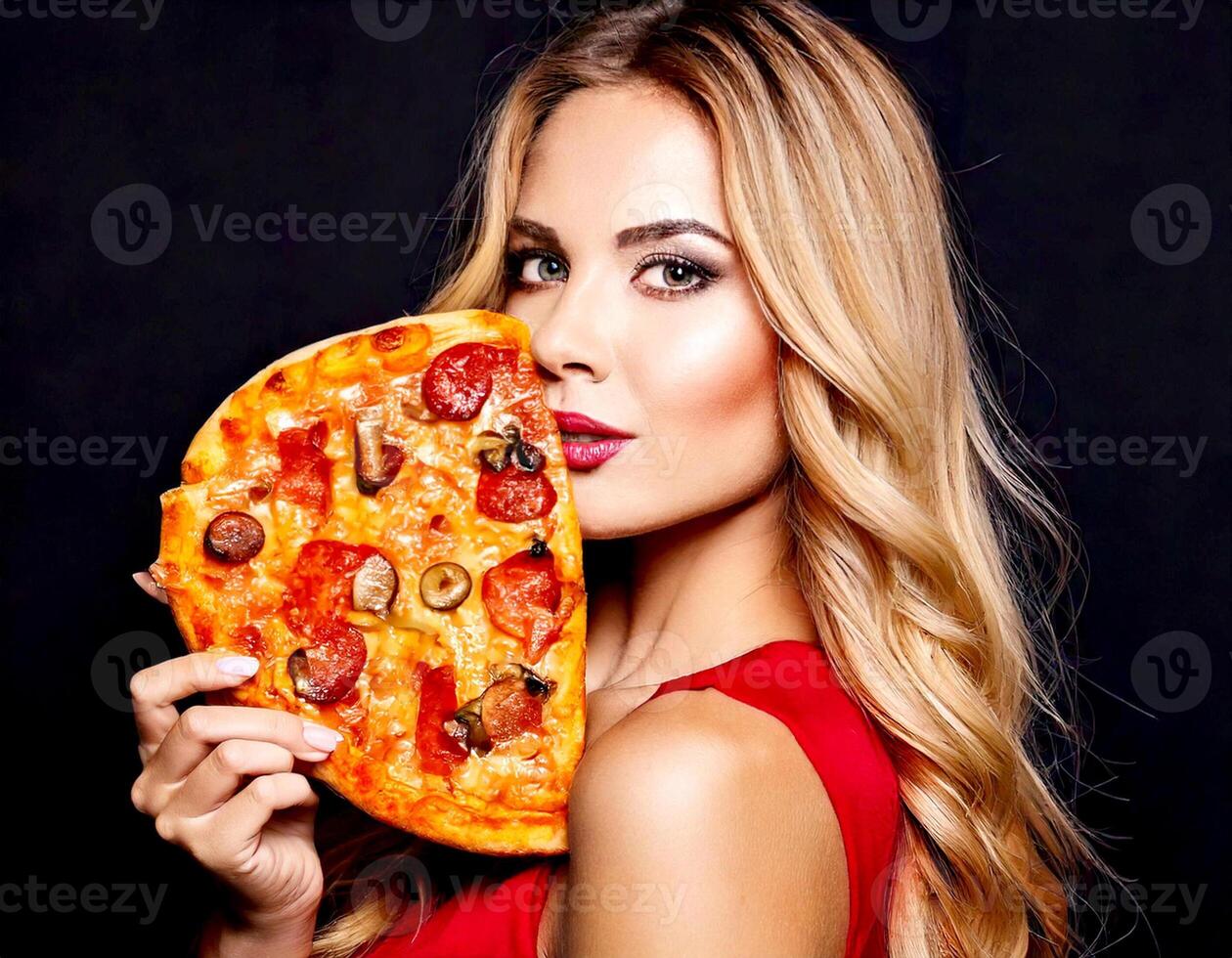 a woman is holding a piece of pizza photo