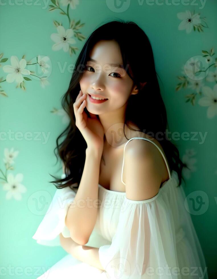 a beautiful young woman in white dress sitting on a chair photo