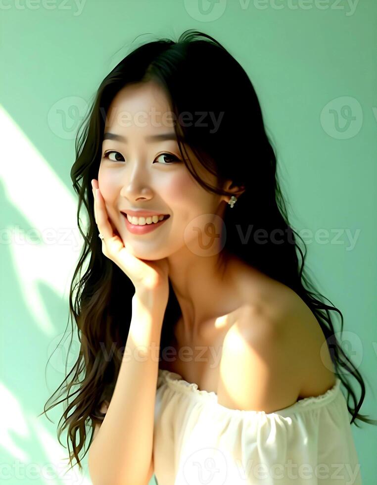 a woman with long hair smiling and posing photo