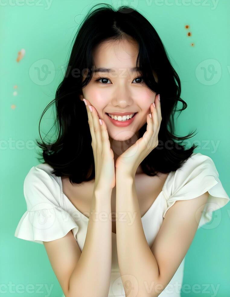 beautiful asian woman smiling with hands on face photo
