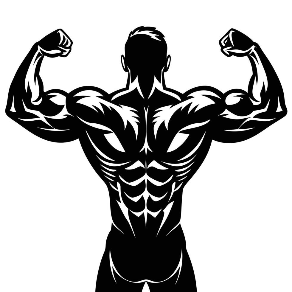 Muscular Bodybuilder Back Pose Black and White Illustration vector