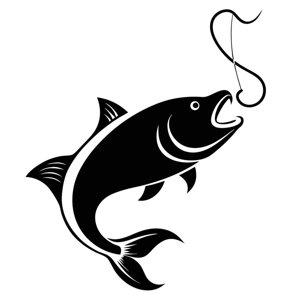 Black and White Stylized Fish Hooked on Fishing Line Illustration vector