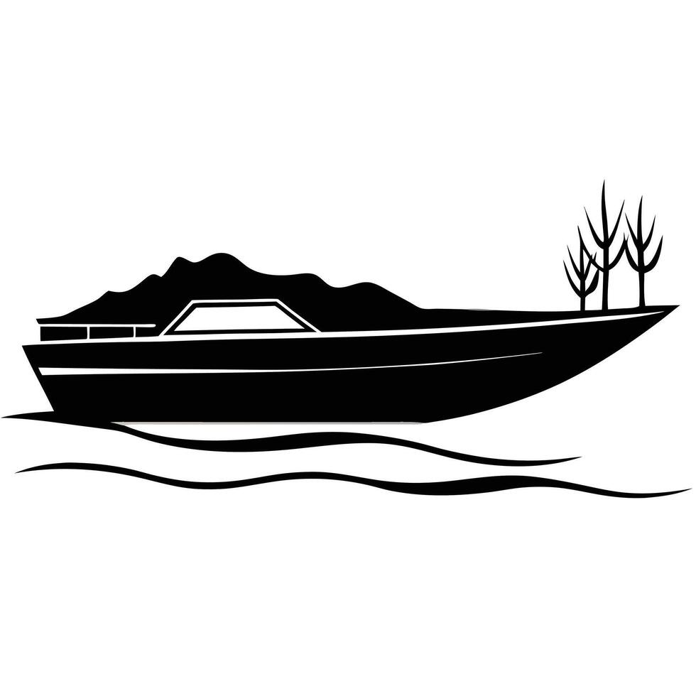 Silhouette of a Motorboat Sailing on Water Near a Mountainous Landscape vector