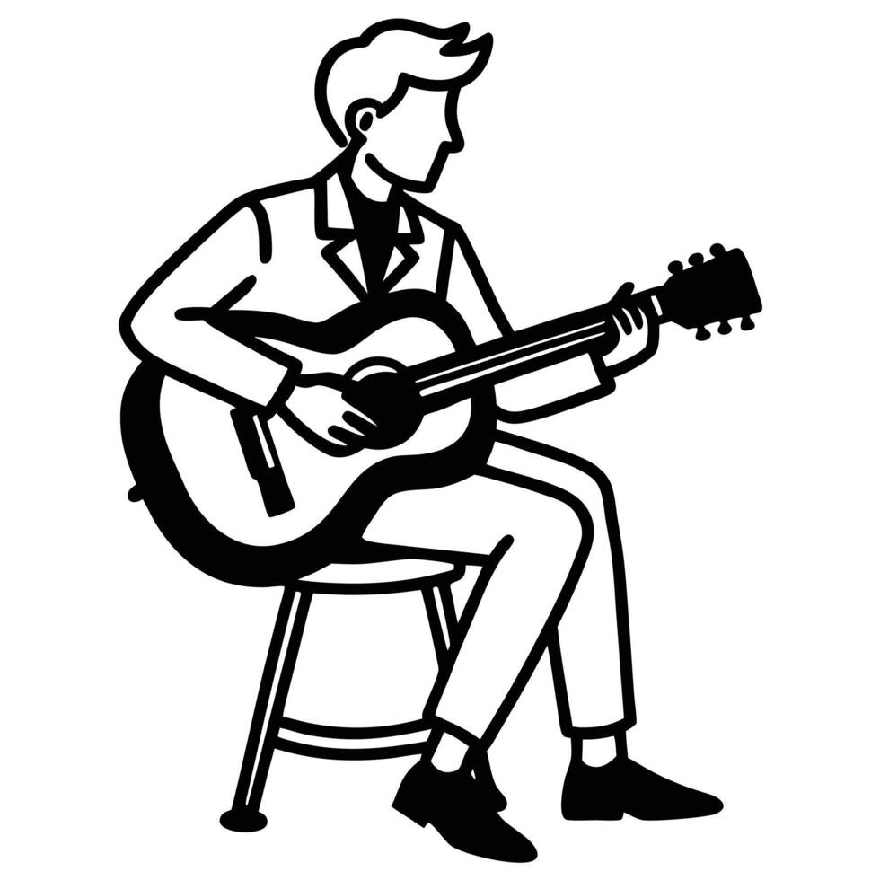Man in Suit Playing Acoustic Guitar Sitting on Stool vector