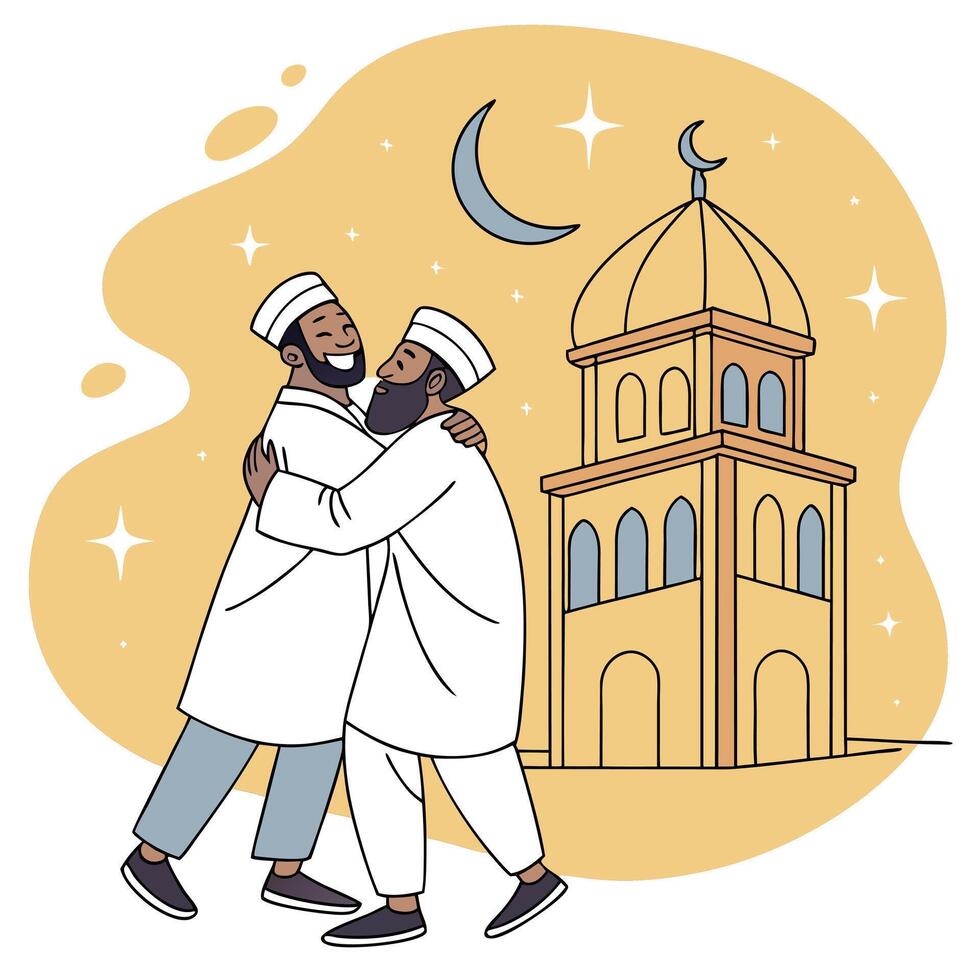 Muslim Men Embracing Near Mosque at Night vector