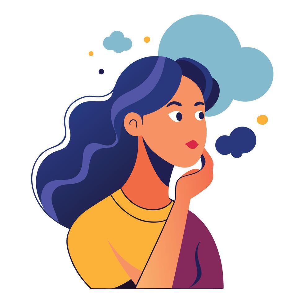 Thoughtful Woman with Wavy Hair and Abstract Background vector