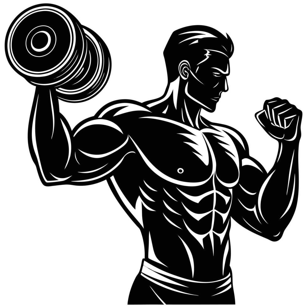 Muscular Bodybuilder Lifting a Heavy Dumbbell vector
