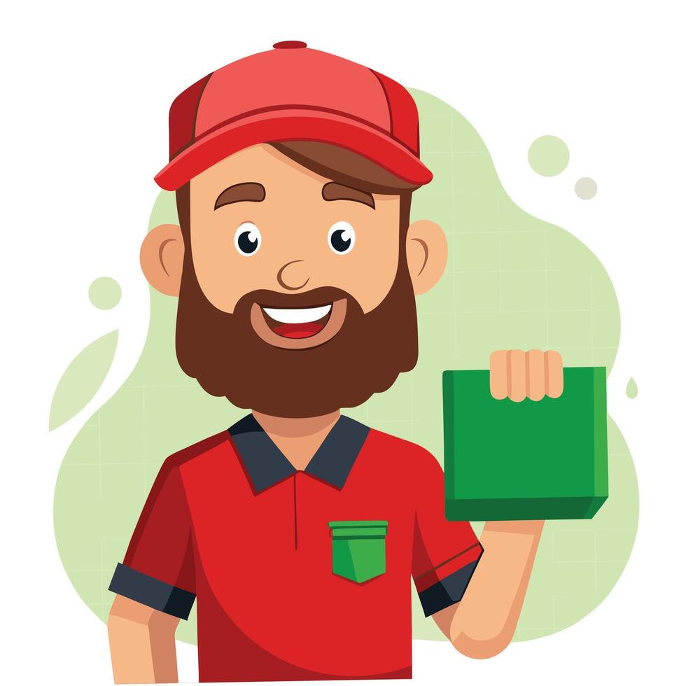 Happy Delivery Man Holding a Green Package vector