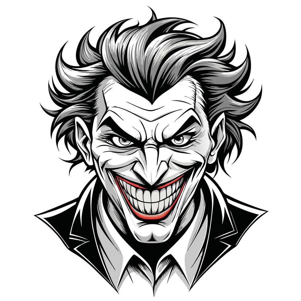 Menacing Joker Head Illustration Black and White vector